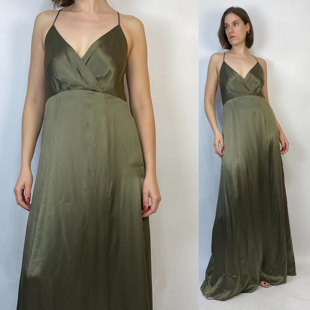 CLUB MONACO Real SILK Khaki Green Wrap Maxi Criss Cross Back Dress! Medium Large